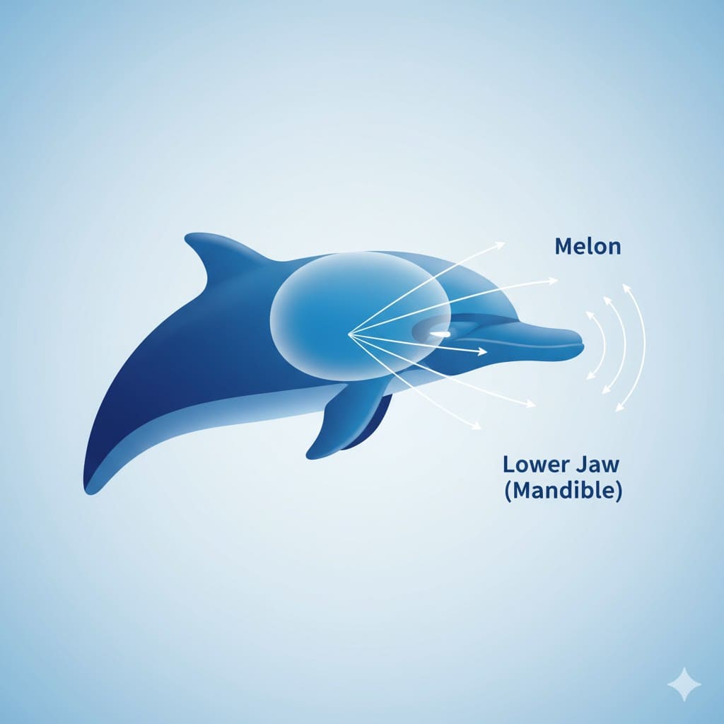 Illustration of a dolphin showing the melon (forehead organ) emitting sound waves forward, and the lower jaw (mandible) receiving returning sound echoes